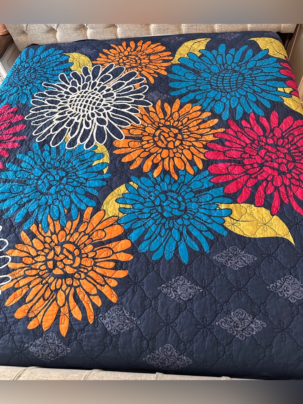 Full/Queen Floral Reversible Stripe Quilt Vibrant Bright Boho 100% Cotton